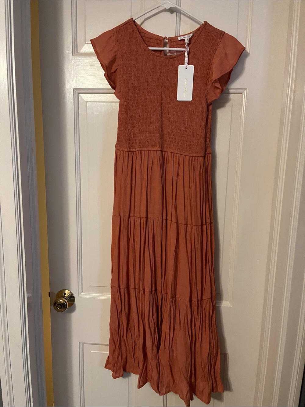 Women's Tiered Maxi Dress in Rust with Flutter Sleeves